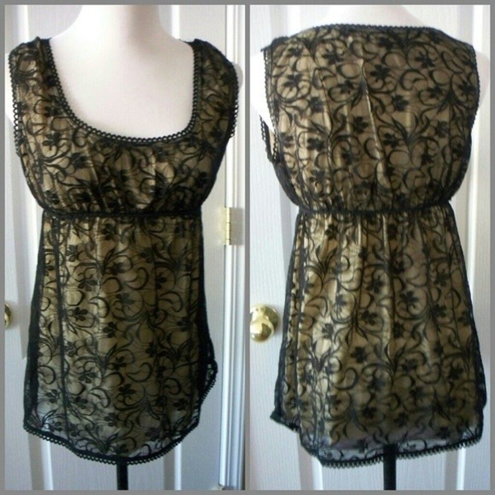 STUDIO M BLACK LACE TOP TUNIC EMPIRE WAIST SLEEVELESS  WOMENS SMALL